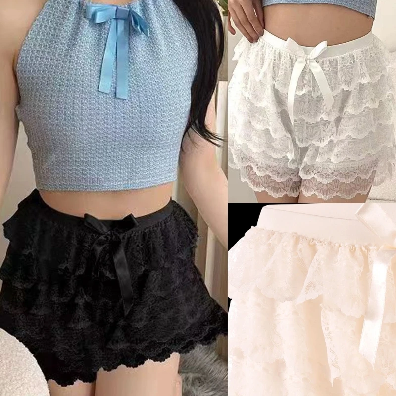 Womens Tiered Ruffled Lace Shorts Underpants for Under Dresses Sweet Bowknot Half Slip Frilly Wide Leg Safety Cake Pant