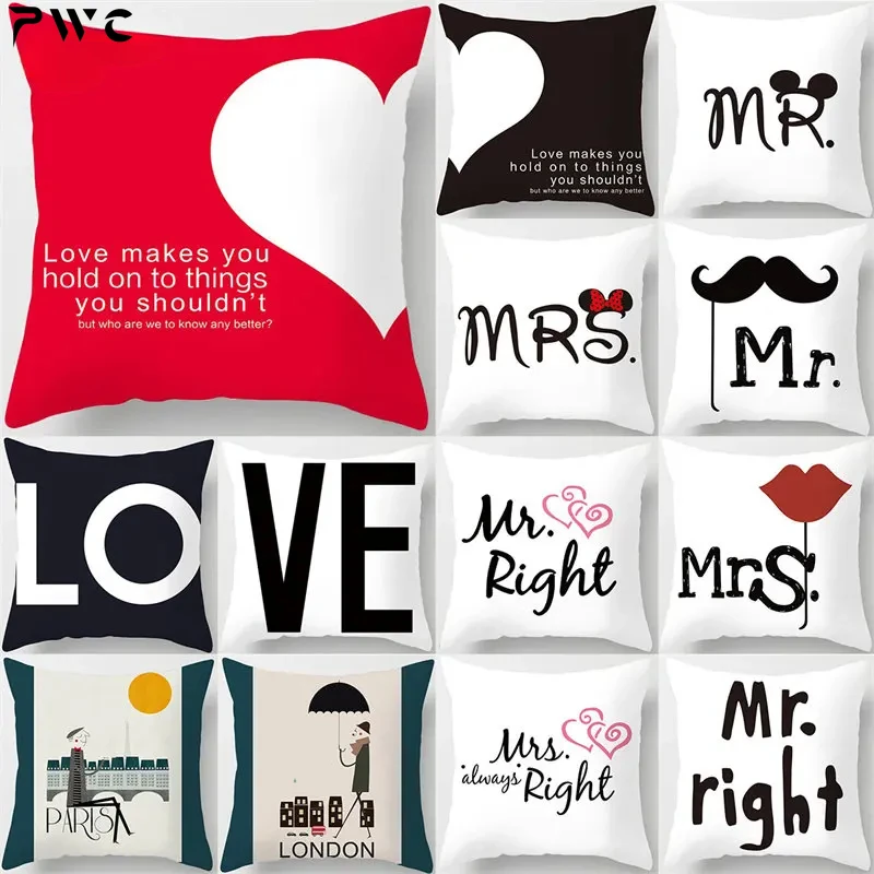 

45x45cm Square Lover Couple Pillow Case Custom Heart Letter Cartoon Throw Cushion Cover Sofa Home Decoration Sweet Pillowcase