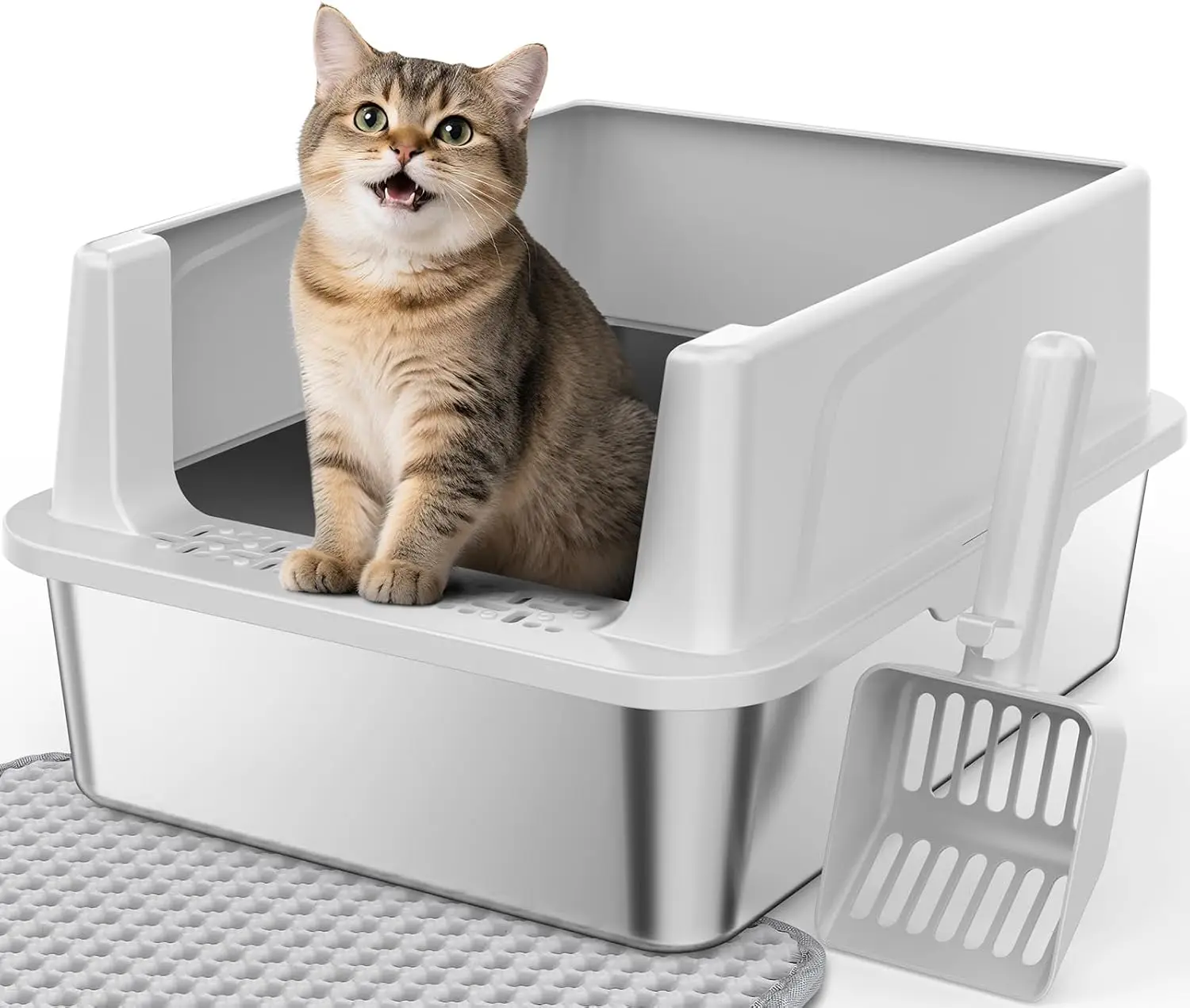 

Stainless Steel Cat Litter Box with Lid, Small Size, Non-Sticky, Easy Clean, Includes Scoop & Mat