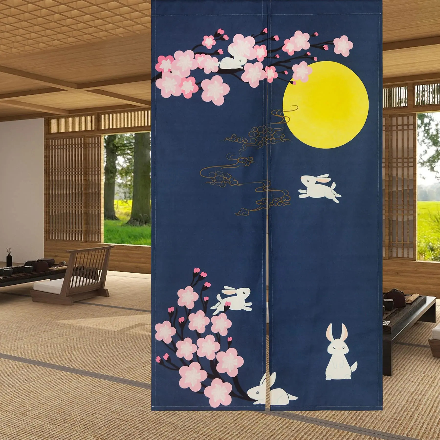 Cute Rabbit Under Moon Japanese Noren Door Curtain Feng Shui Half-Curtains Kitchen Partition Entrance Curtain Home Decorations