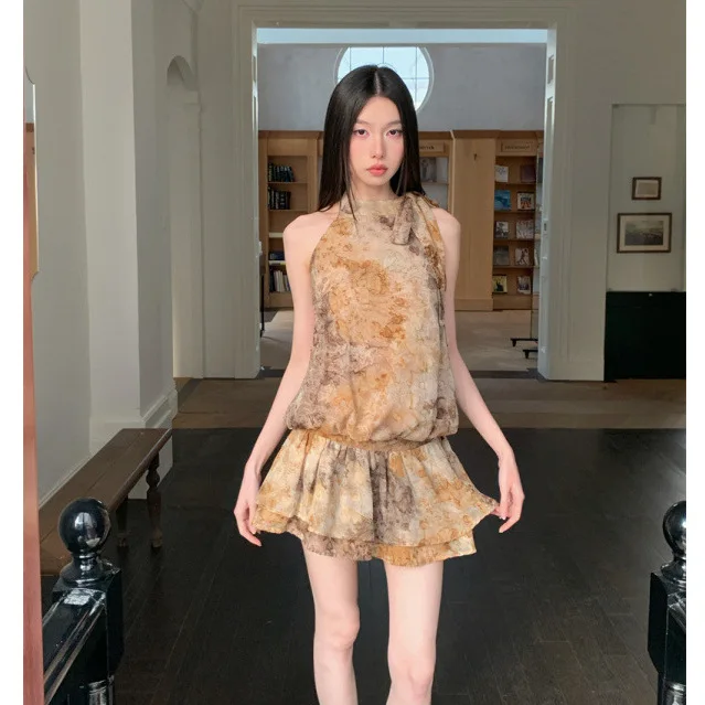 Francês retro tie-accented chique halter babados em camadas mini bolo vestido para mulheres verão casual praia férias-estilo a linha vestido