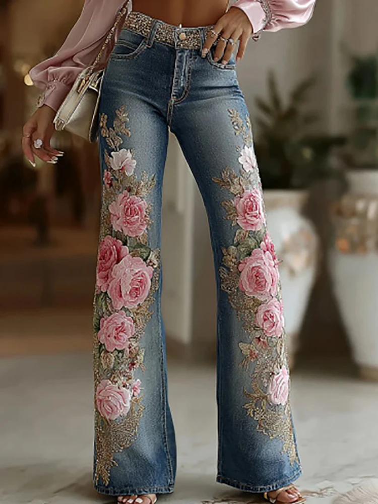 Women's High Waist Patchwork Chic Flare Pants Casual All Season Print Trousers with Zipper Holiday Fashion Ladies Simple Pants