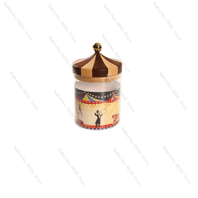 Elegant Circus Style Glass Storage Jar with Solid Wooden Lid Airtight Sealed Canister Color Block Real Wood Decor Coffee Tea