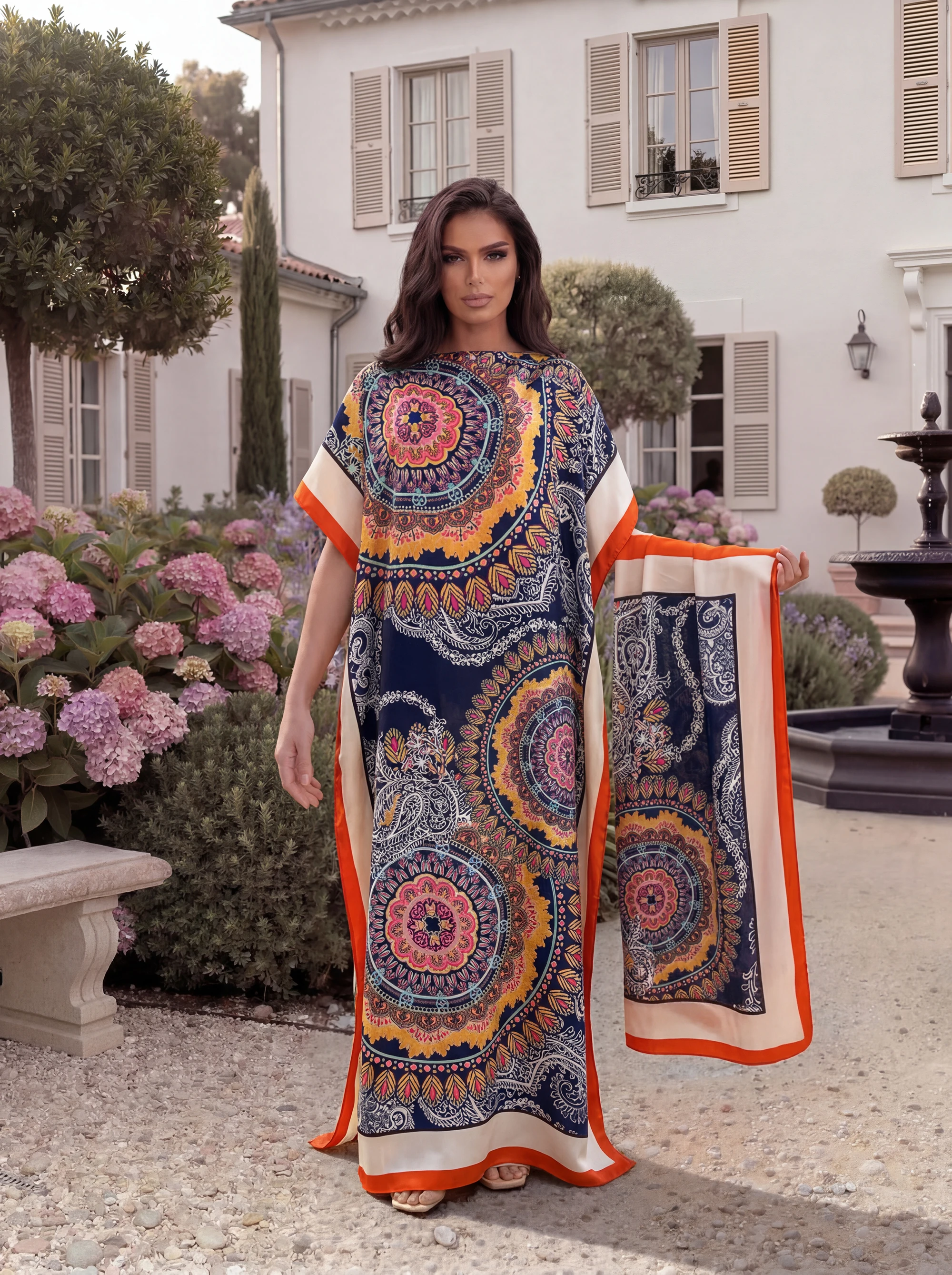 Bohemian Mandala Print Satin Abaya with Matching Scarf, Loose Long Kaftan Dress, Summer Beach Outfit for African Muslim Women