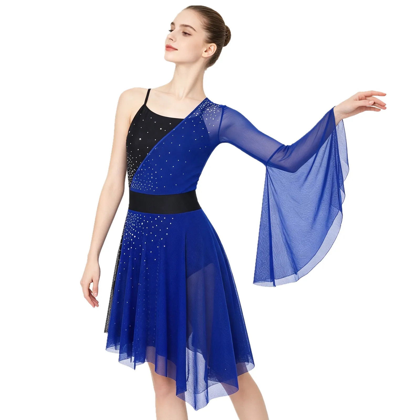 Women Shiny Figure Skating Dress Mesh One Flare Sleeve Built-in Briefs Irregular Leotard Dress Modern Contemporary Dance Costume