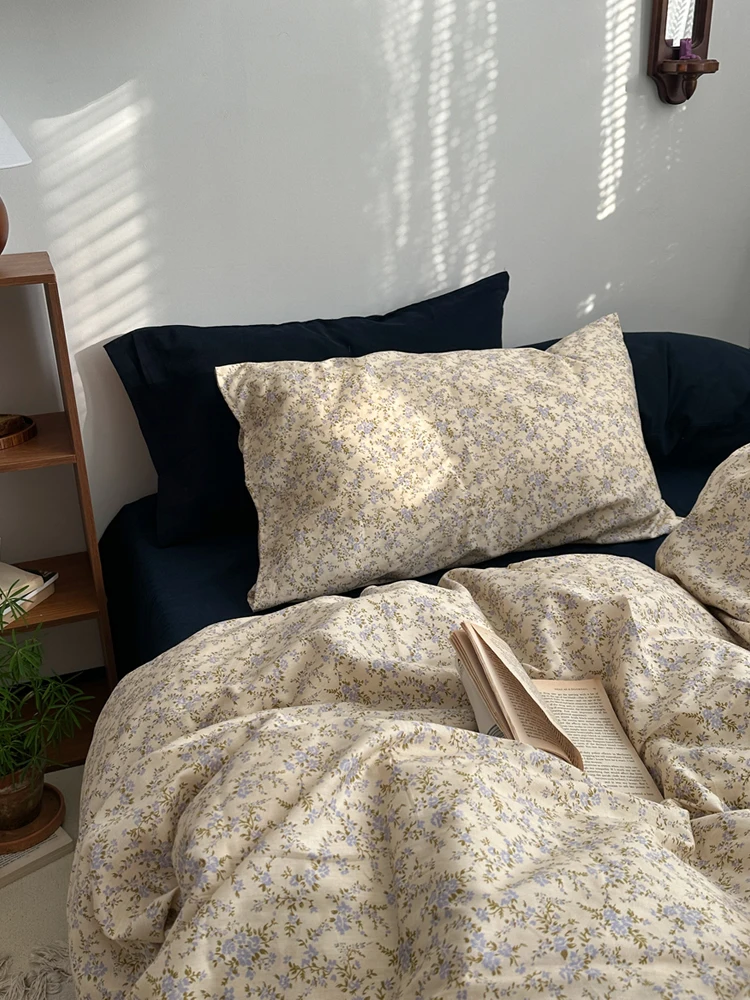 

Retro Floral Cotton Bedding Set Full Size Bed eet Bed Skirt Duvet Cover Pillowcase Dormi Bedding Tee Piece Set