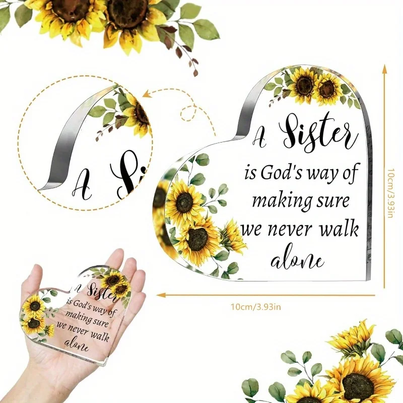 Sunflower Sister Gift: Acrylic heart decor, ideal for birthdays/holidays – from siblings, for women.