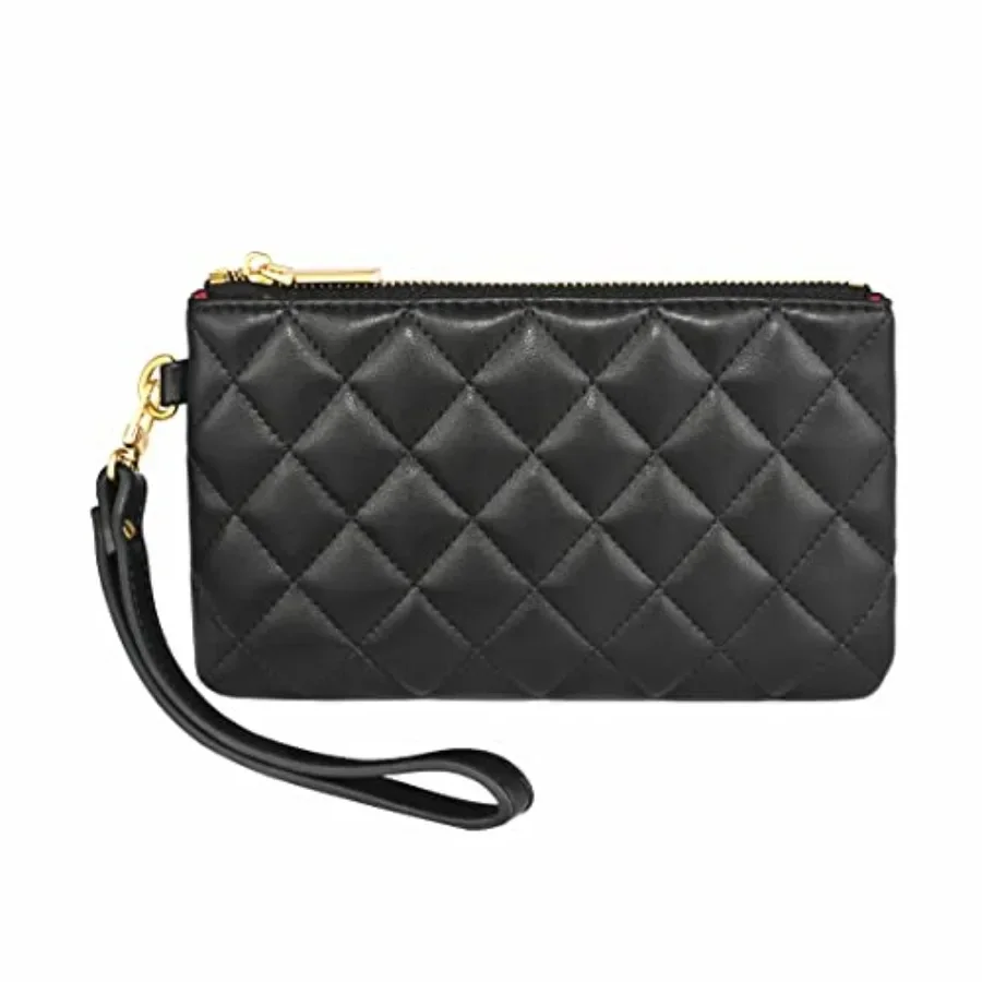 

Premium Genuine Grain Leather Wristlet Pouch Zip Clutch Bag w. Card Slots Phone Purse w. Wrist Strap For Men Women