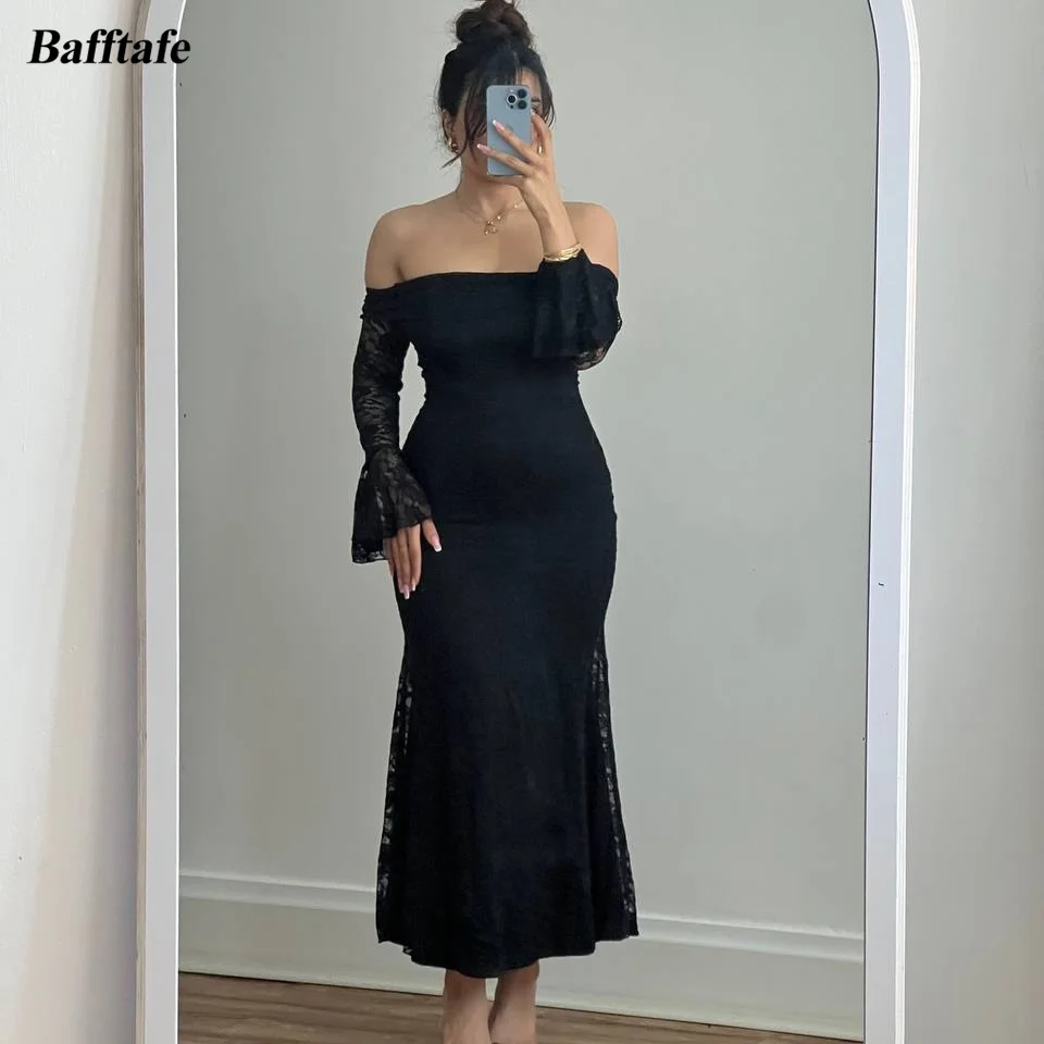 

Bafftafe Black Mermaid Lace Prom Dresses Customized Formal Party Gowns Long Sleeves Ankle Length Arabic Wedding Birthday Dress