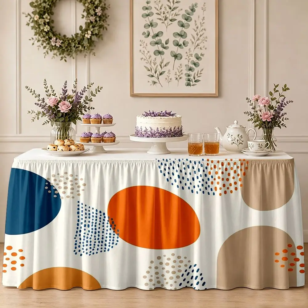 One set of tablecloth featuring abstract geometric patterns and dot designs, with ruffled edges on the tablecloth border.