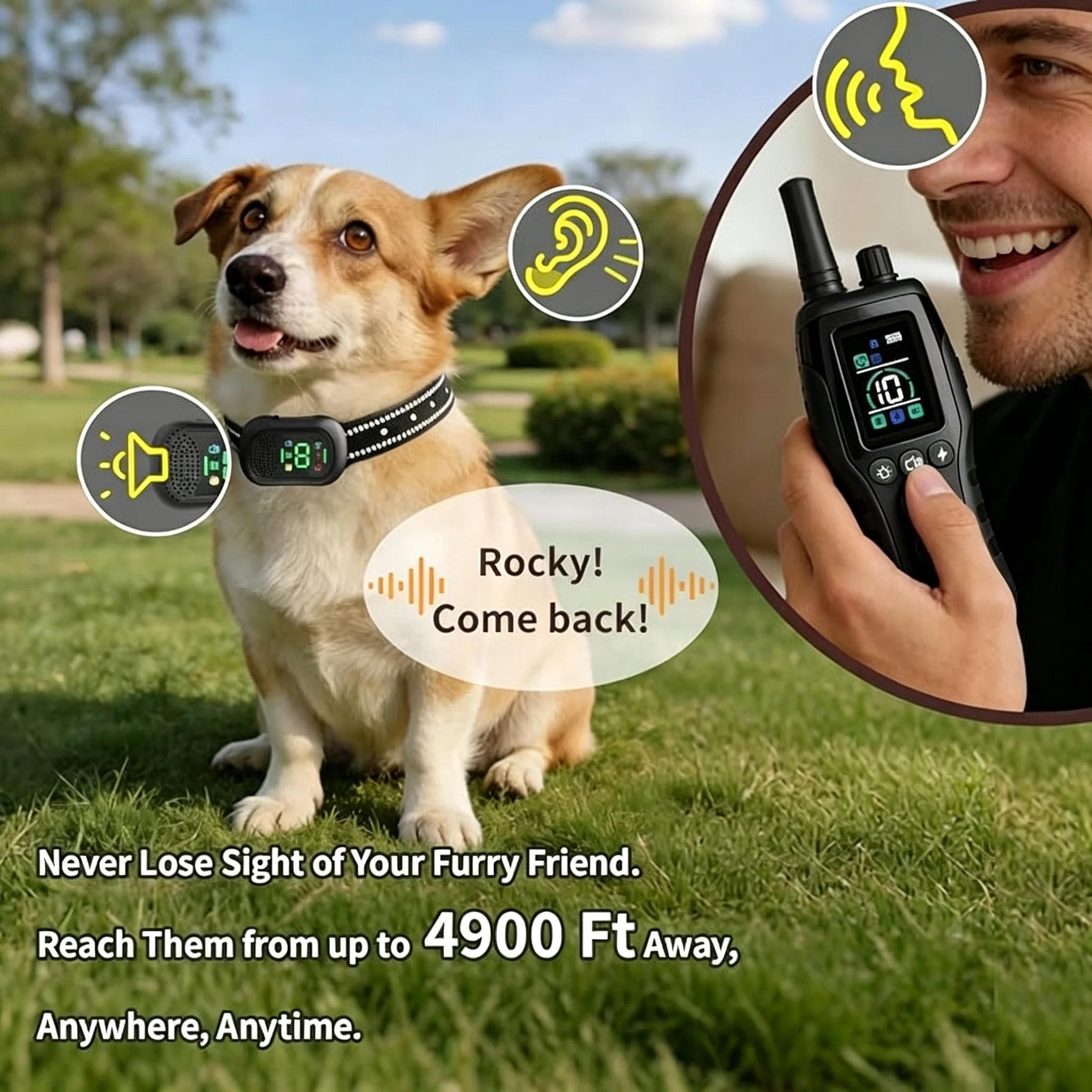 4900FT Dog Training E-Collar, Voice Call & 5 Modes Beep Vibration Safe Static Flashlight, IP67 Waterproof Rechargeable Collar