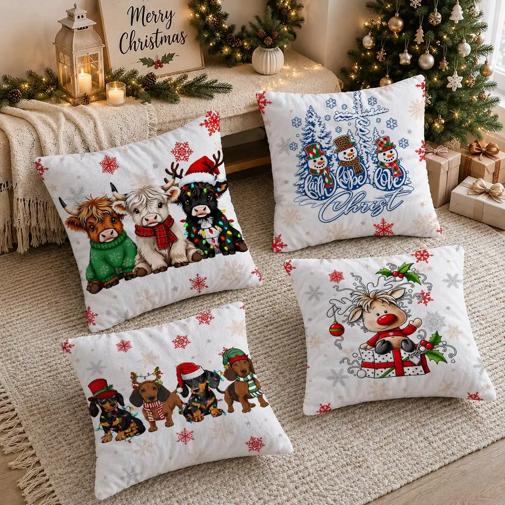Christmas Highland Cows Cushion Cover Soft Short Plush Double-Sided Printing Sofa Home Decor Festival Pillow Case Gifts