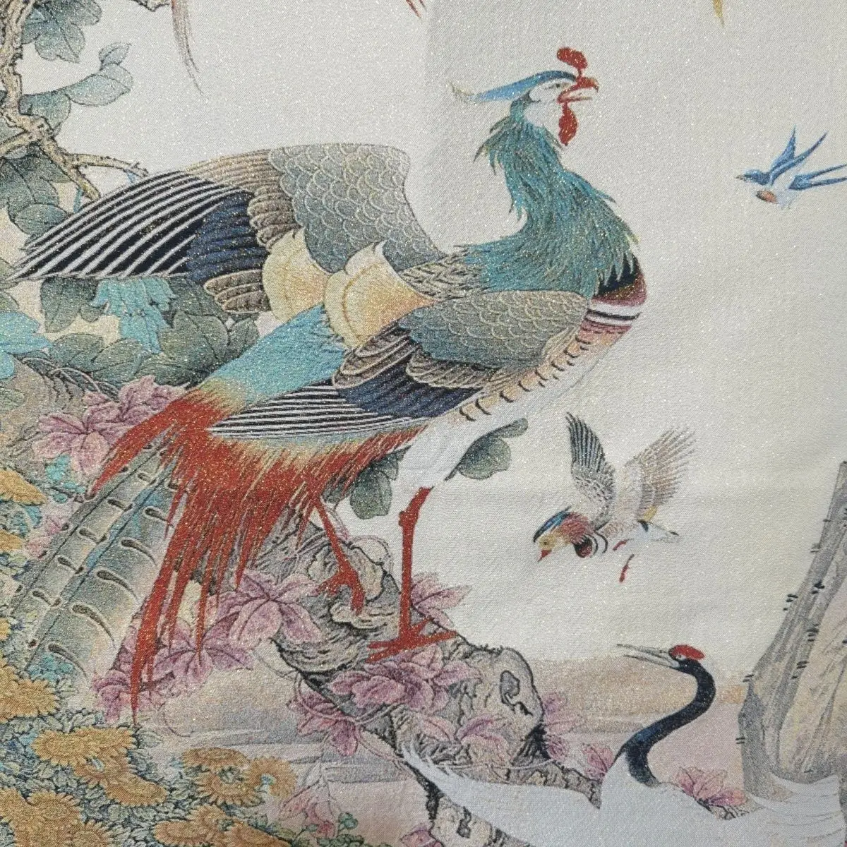 Tibet Tibetan Cloth Silk Phoenix, crane, mandarin duck floral bird painting Thangka Tangka Embroidery Painting