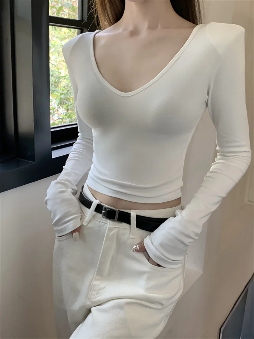 

Alien Kitty High Waist Tees Skinny Women Solid V-Neck Slim Office Lady Hot Girls 2023 Full Sleeve Chic Autumn Mujer T-Shirts