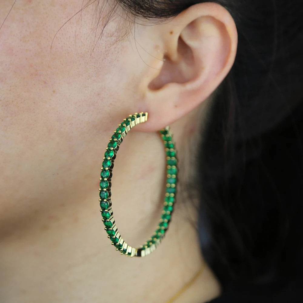 Rainbow Cz Hoops Earrings 60mm Hoop Round Dangle Earring Jewelry Women Crystal Cz Diamante Rhinestone Large Hip Hop Earring