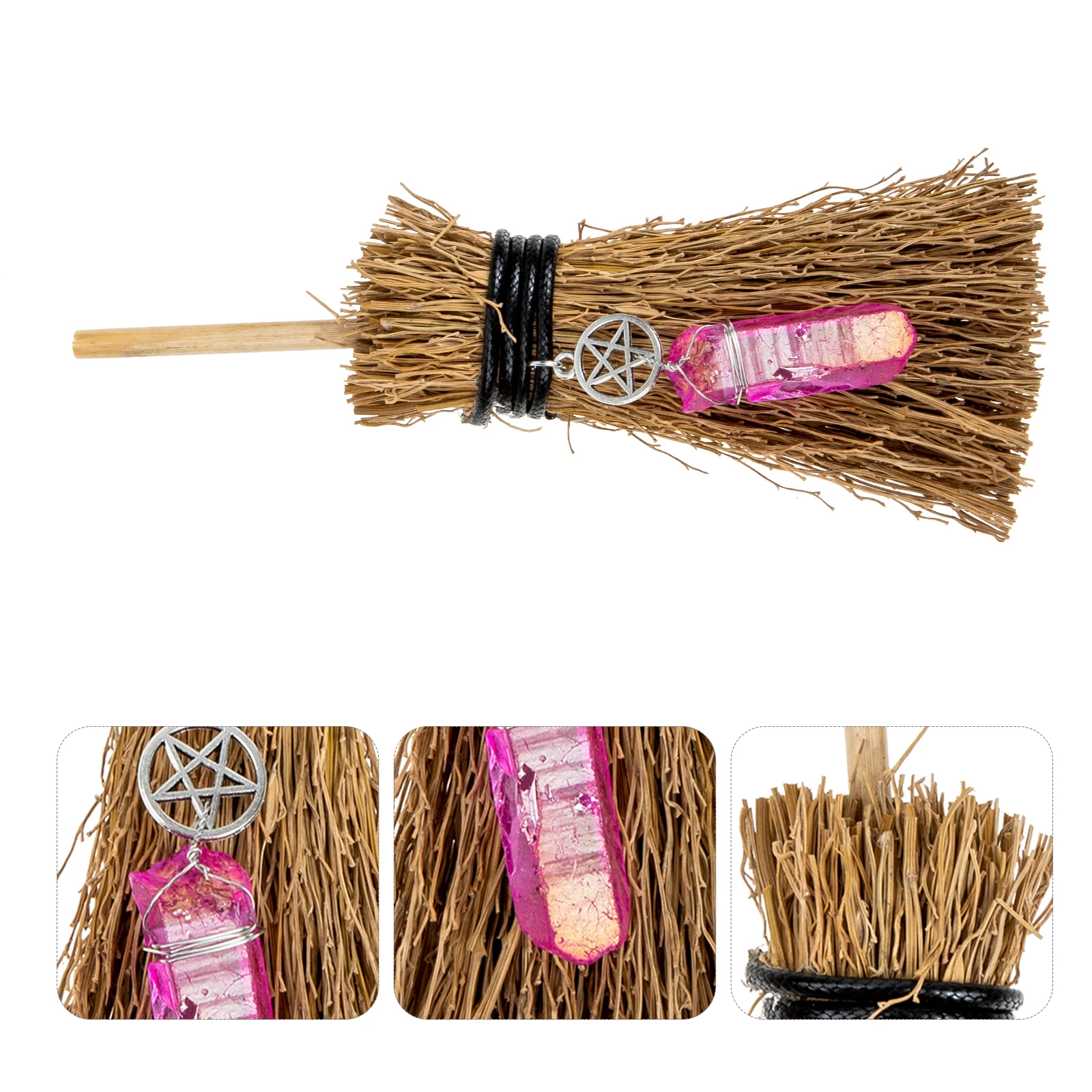 

Straw Witch's Broom Ornament Baby Decor Cosplay Props Crystal Charms Halloween Pendant Mini
