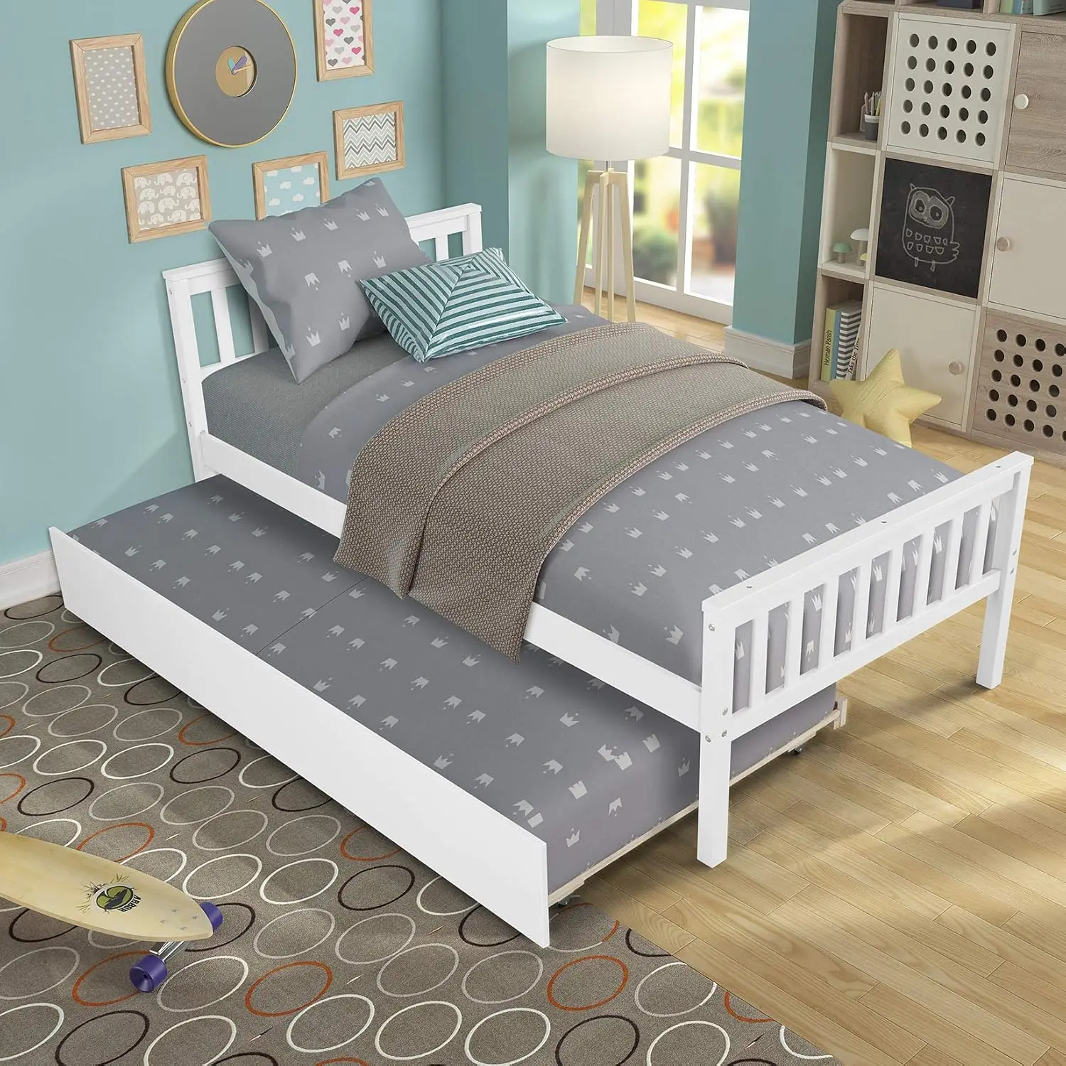 Platform Bed with Trundle, Solid Wood Bed Frame with Headboard, Footboard for Teens Boys Girls,No Box Spring Needed (White)