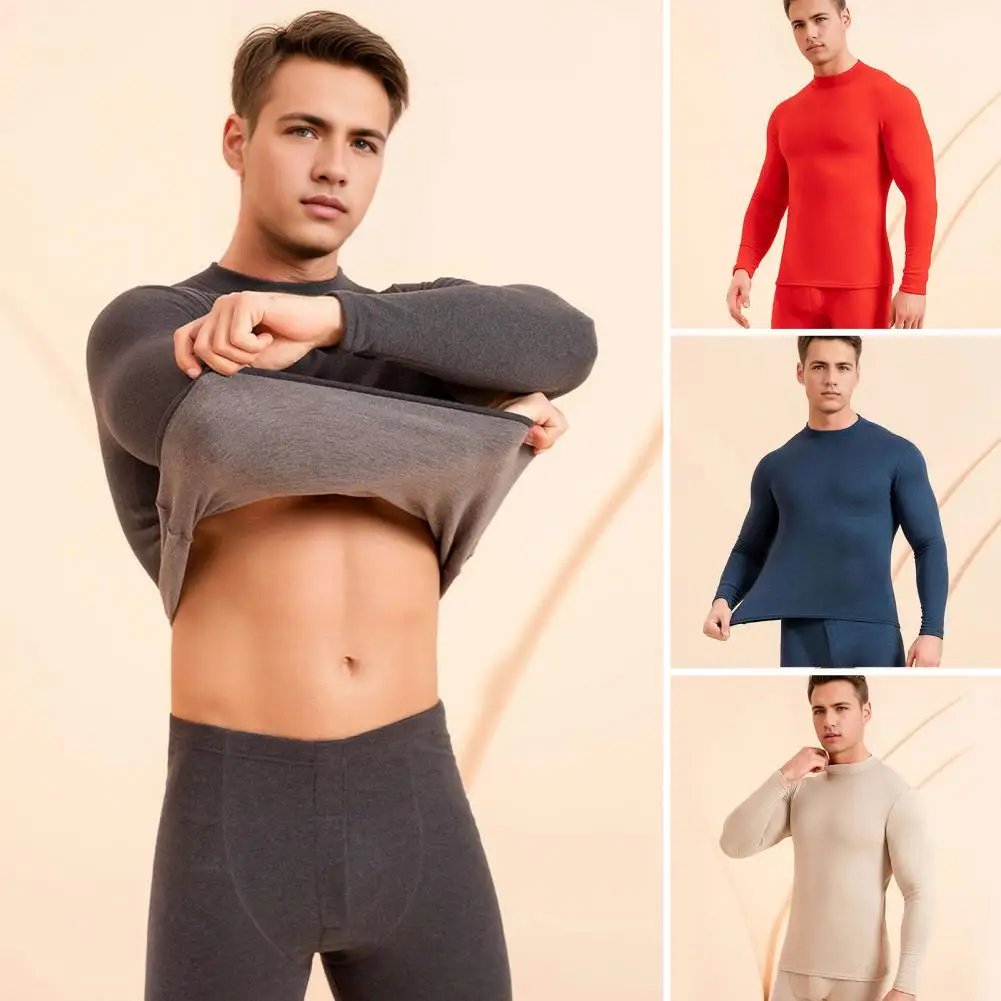 2Pcs/Set Men Warm Outfit O-Neck Long Sleeve Thermal Top High Waist Long Trousers Set Slim Fit Breathable Bottom Outfit 파자마 세트