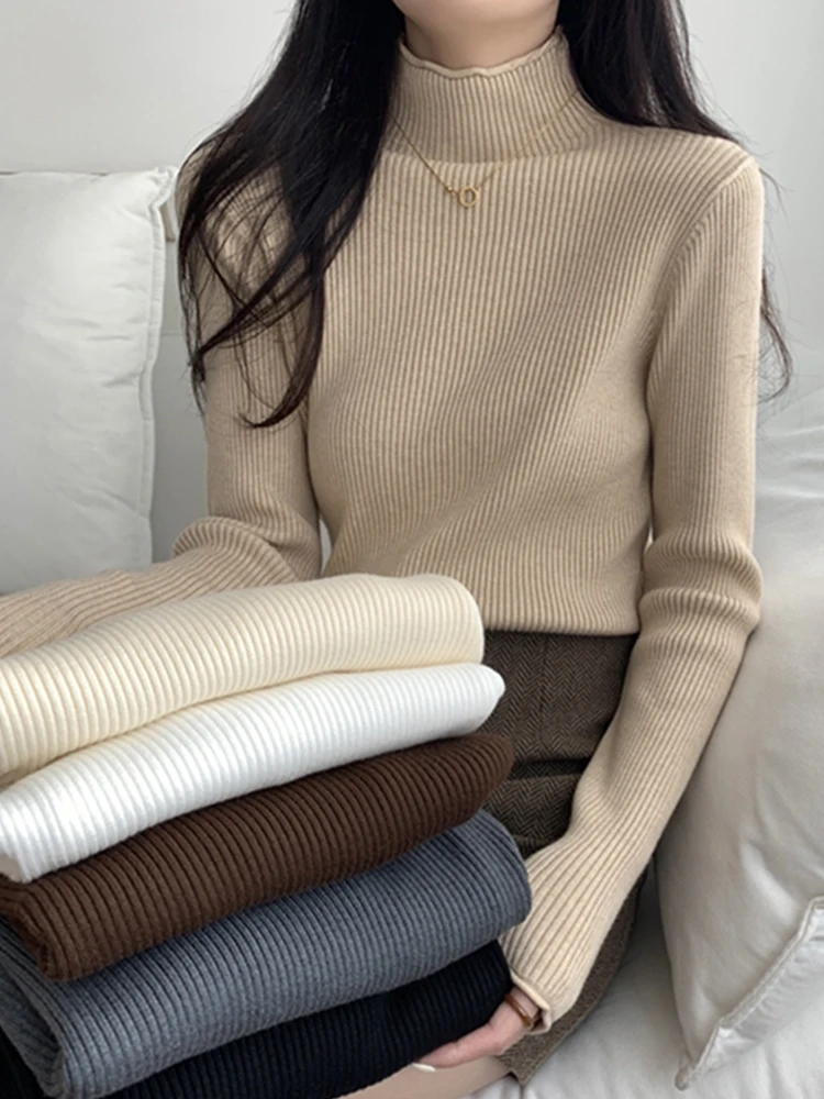 Women Versatile Mock Neck Long Sleeved Sweater Autumn Winter Casual Slim Appear Thin Simplicity Solid Knitted Bottoming Shirt