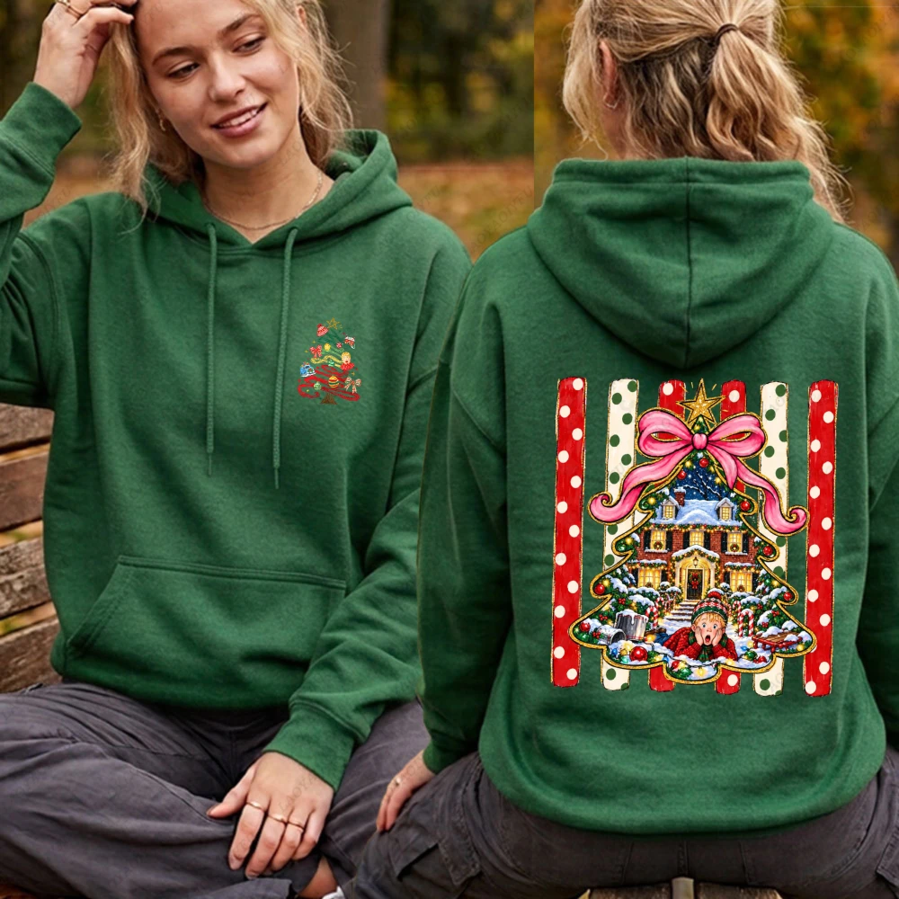 Home Alone Christmas Tree House Hoodie Pink Bow Graphic Sweatshirt Women Men Long Sleeve Pullover Cute Xmas Retro Movie Clothes