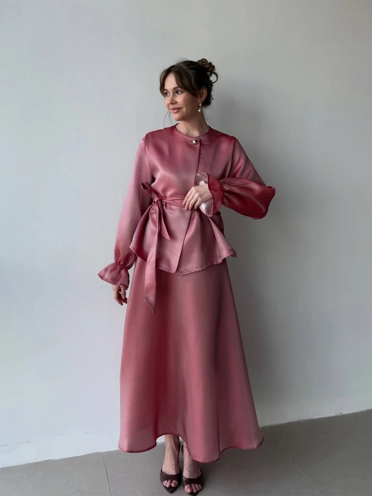 New Chic Solid Satin Long Skirt Set Women Chic Bell Sleeves Lace-up Loose Shirt High-waisted Skirts Suit 2026 Night Party Outfit