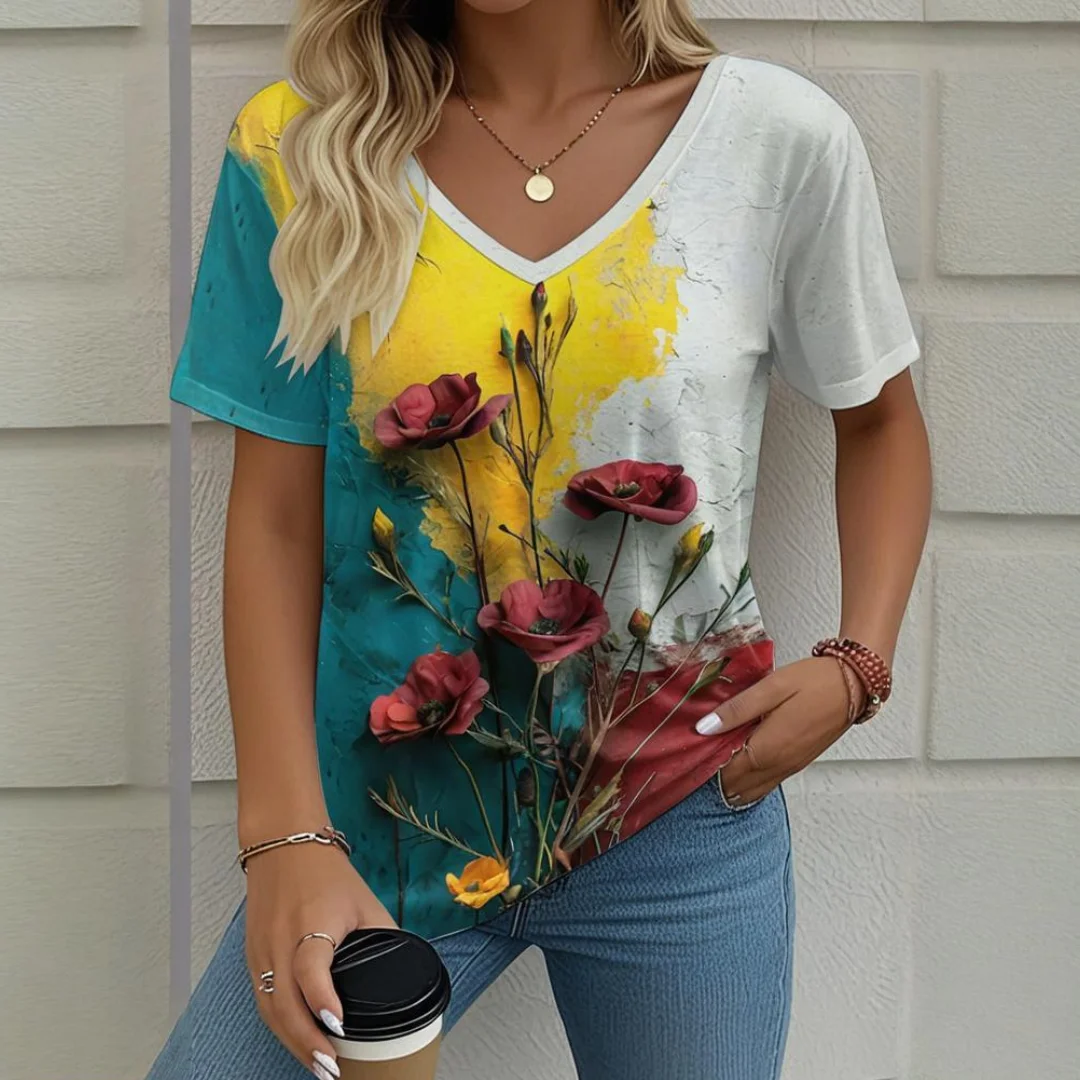 Flower Women's V-neck T-shirt Summer Outdoor Casual Short Sleeve Tops Fashion 3D Printing Trendy OverSize Women's Clothing view 2