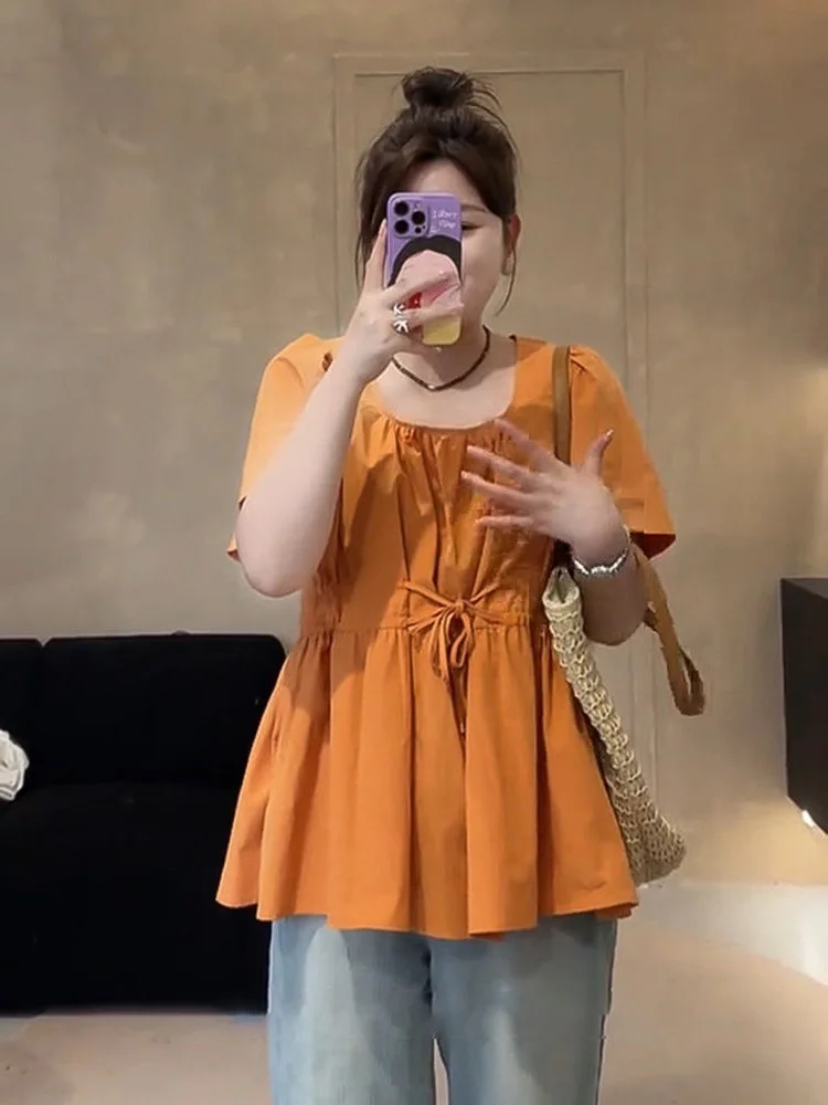 

Женская футболка больших размеров (до 300 фунтов) с коротким рукавом, на шнуровке на талии, летняя, скрывающая живот, повседневная, удобная, свободного кроя