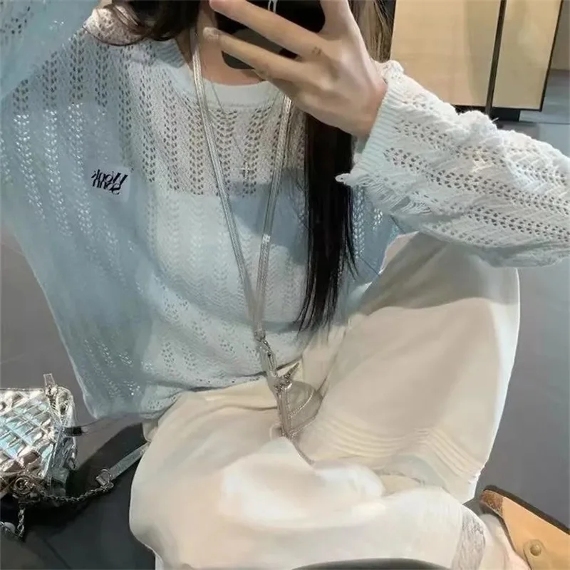 White Hollow Knitted Sweater For Women 2025 New Summer Lazy Style Loose Sun Protection Cover, Thin Breathable And Waterproof Top
