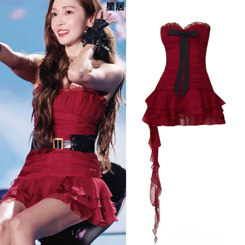 Kpop koreanische Sängerin Bühnen performance Kostüme Nachtclub sexy Mädchen rot schulter frei unregelmäßige Rüschen Kleid Festival Rave Outfits