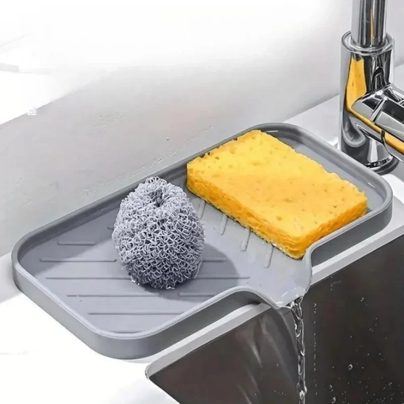1pcs Sink Silicone Tray With Drain Soap Sponge Storage Holder Countertop Sink Scrubber Brush Soap Storage Rack Kitchen Organizer