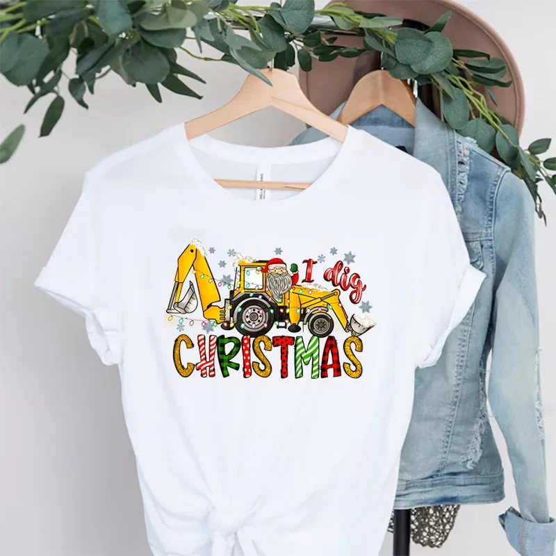 2 3 4 5 6 7 8 Years Christmas Excavator White T-shirt for Boys Girls Kids Birthday Christmas Gift for Teens Santa Claus Supplies