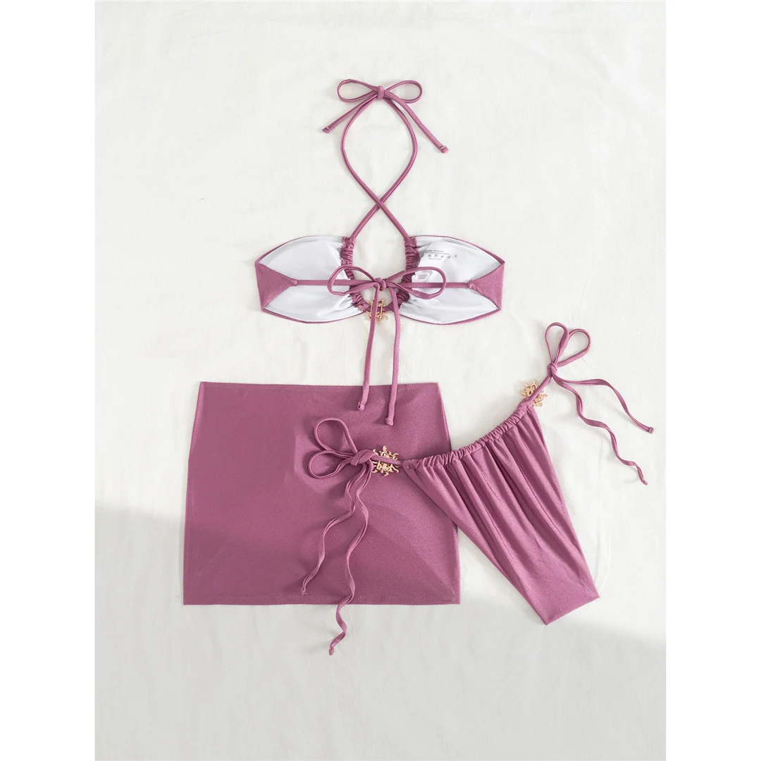 Neuer schwarzer, sexy Bikini mit Rock, Neckholder-Bikini, Damen-Badeanzug, dreiteiliges Bikini-Set, Badebekleidung, Badeanzug, Schwimmbekleidung V6398B – Detail 20
