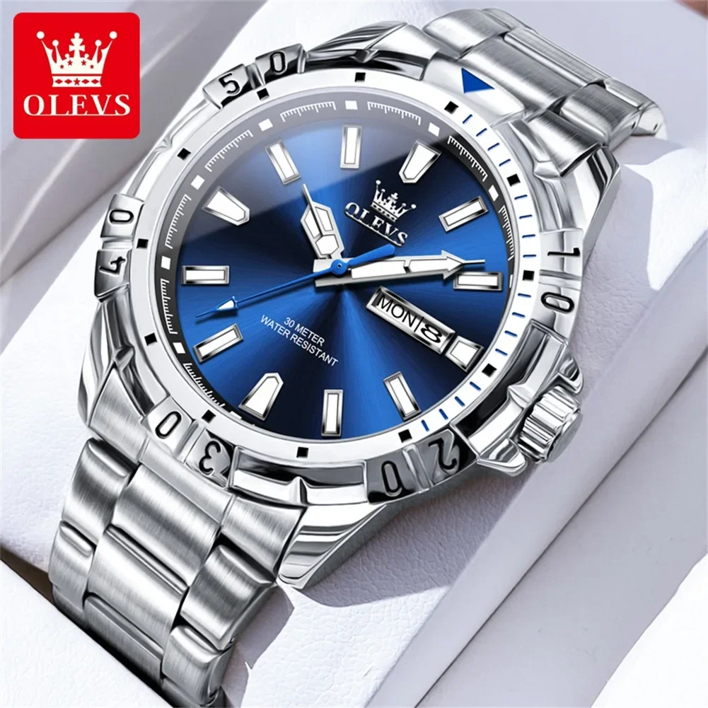 OLEVS 1pc Luxury Brand Men's Quartz Watches Calendar Week Waterproof Luminous Stainless Steel Strap Business Wristwatch For Man