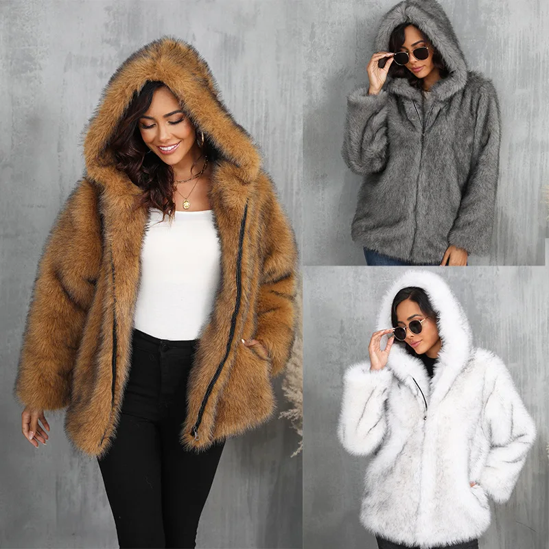 

European and American Imitation Fur Coat Solid Color Loose Hooded Short Fur Collar Coat Winter Jackets Warm Autumn Winter Wear