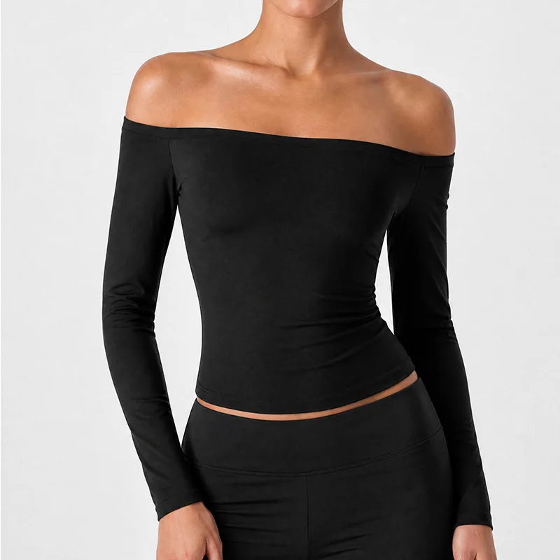 Women Off Shoulder Long Sleeve Yoga Crop Top Soft Bodycon Quick Dry Sports T‑Shirt Pilates Gym Workout Fitness Active Clothes