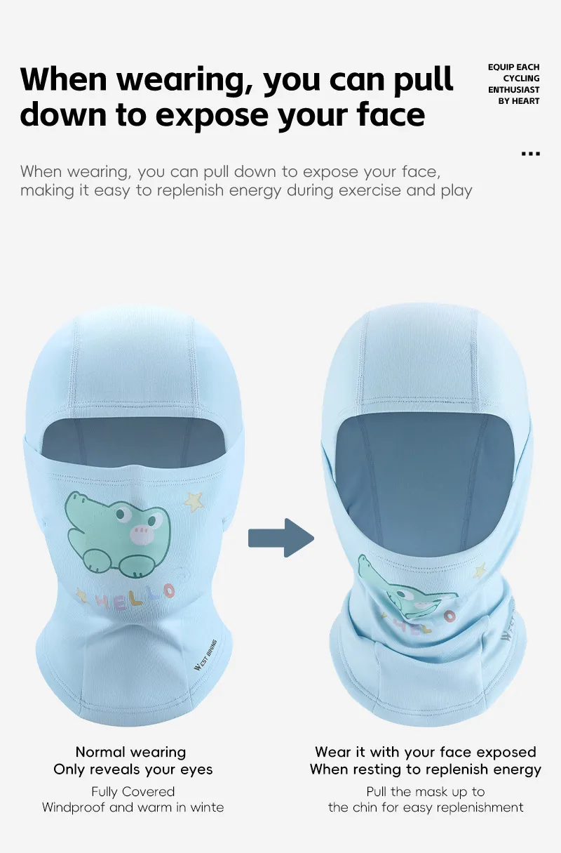 WEST BIKING Winter-Sturmhaube für Jungen und Mädchen, winddichte Thermo-Gesichtsmaske zum Radfahren und Skifahren, weiche Fleece-Cartoon-Helmunterlage. – Detail 7