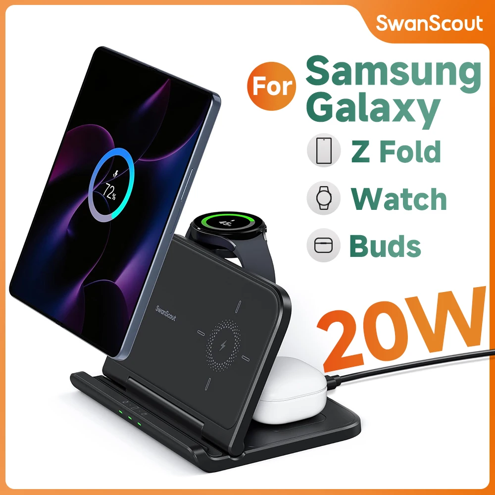 SwanScout 705S Wireless Charger for Samsung Galaxy Z Fold 6 5 Pixel 9 Pro Fold Charging Station for Galaxy Watch Ultra 7 6 Buds3