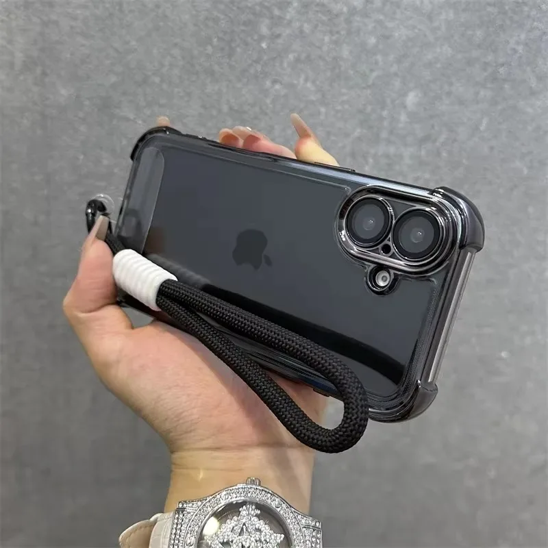 Transparent Plating Wristband Lanyard Case for iPhone 16 15 14 13 12 11 Pro Max Plus X Xs Xr Four Corner Anti Fall Airbag Cover