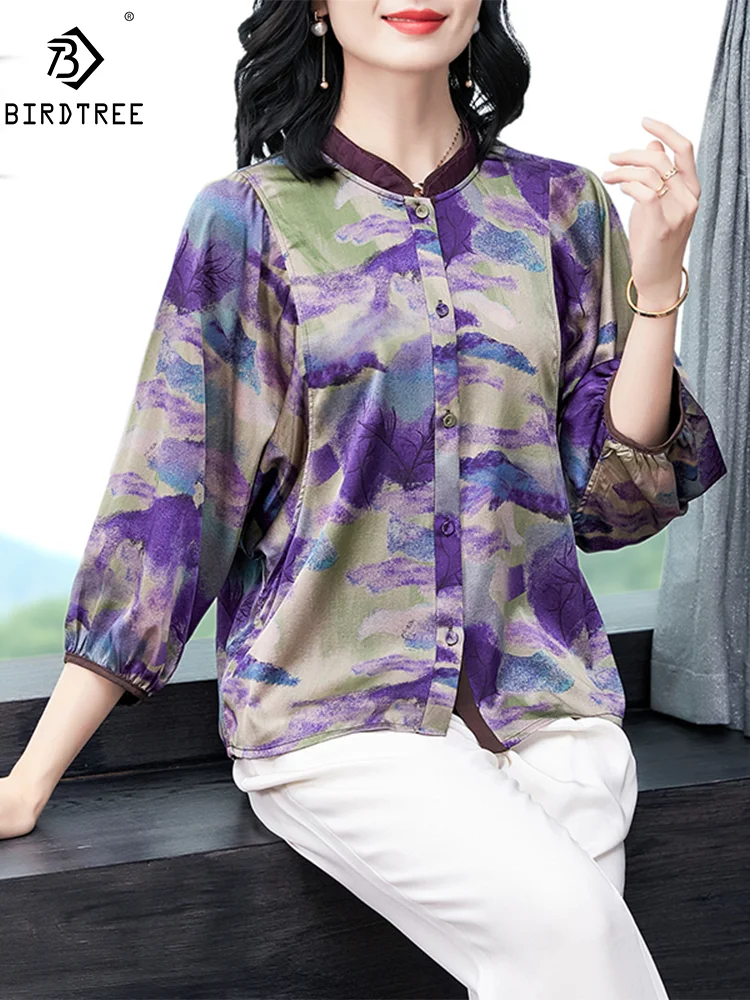 

BirdTree, 92%Real Silk Elegant Shirt, Women 3/4 Sleeve Stand Neck Printed, Retro Chinese Casual Blouse, 2024 Summer New T44884QM