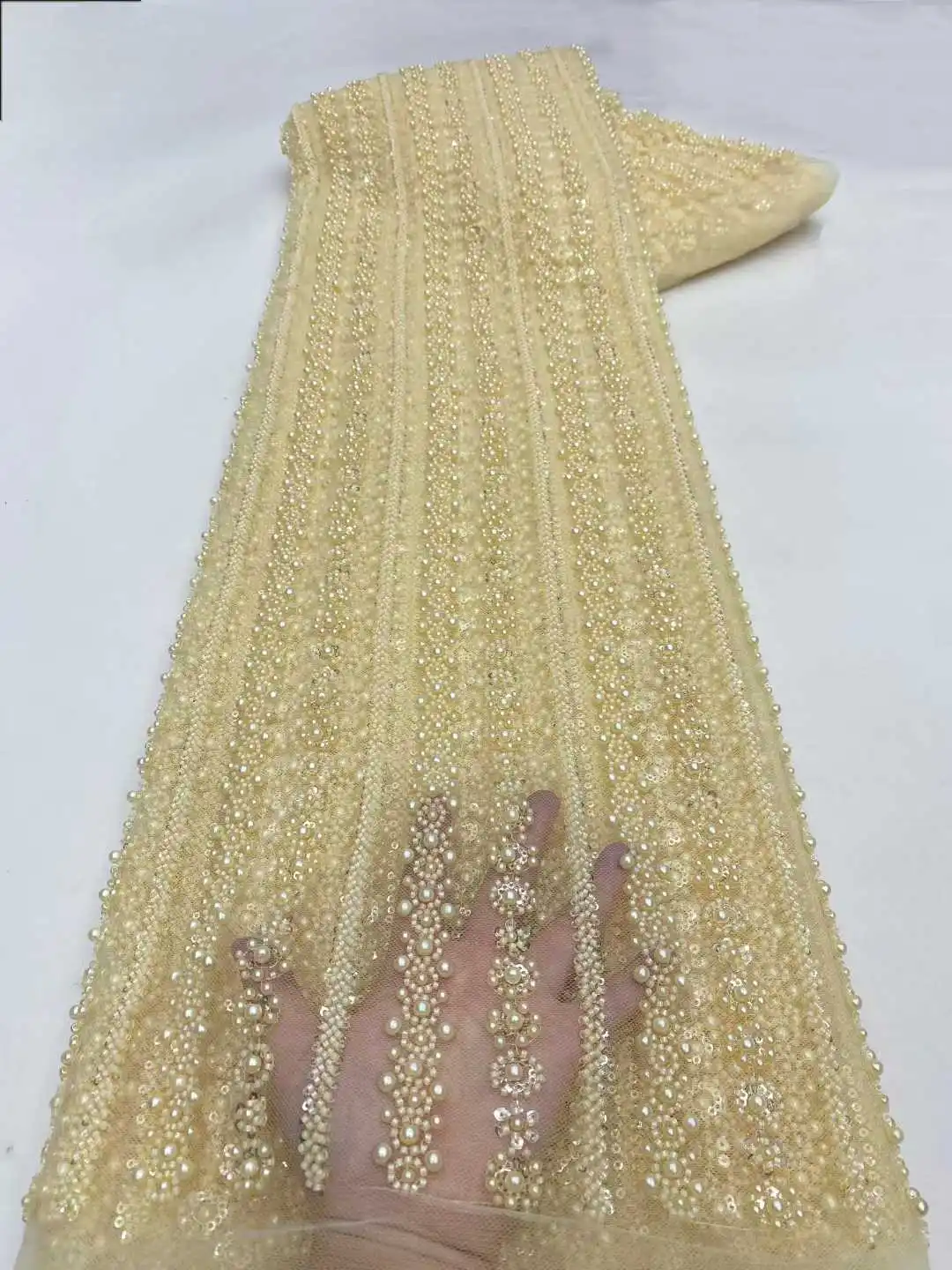 

Latest Heavy African Beaded Lace Fabric 2026 High Quality French Sequins Lace Fabric Nigeria Mesh Tulle Fabric Wedding Dresses