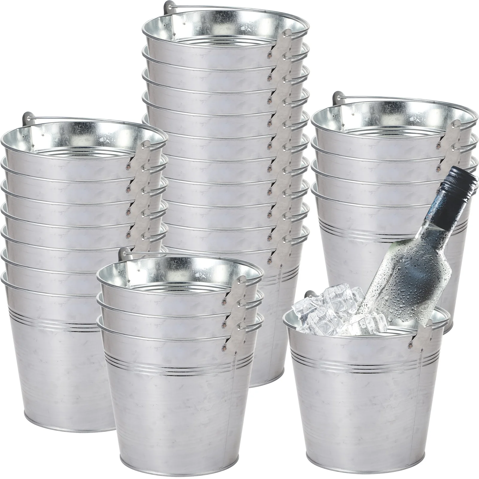 

24 Pack Heavy-Duty Galvanized Metal Buckets - Rust-Resistant, Stackable Small Ice Buckets with Handles, Food-Safe for Party