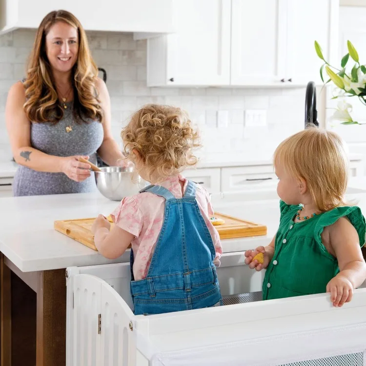 Contemporary Double Kitchen Helper Stool - White: Extra-Wide Foldable Safety Tower for Two Toddlers; Adjustable Height