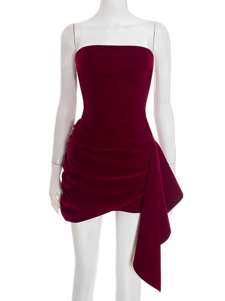 XIAOTANG オフショルダー ストラップレス セクシー ミニドレス 女性用ガウン エレガント ノースリーブ バックレス ドレープ ラッフル スキニー クラブ パーティードレス