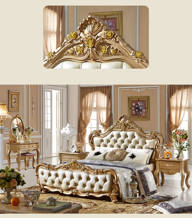 French Style Retro Design King Size Wood Luxury  Genuine Leather Antique Beds