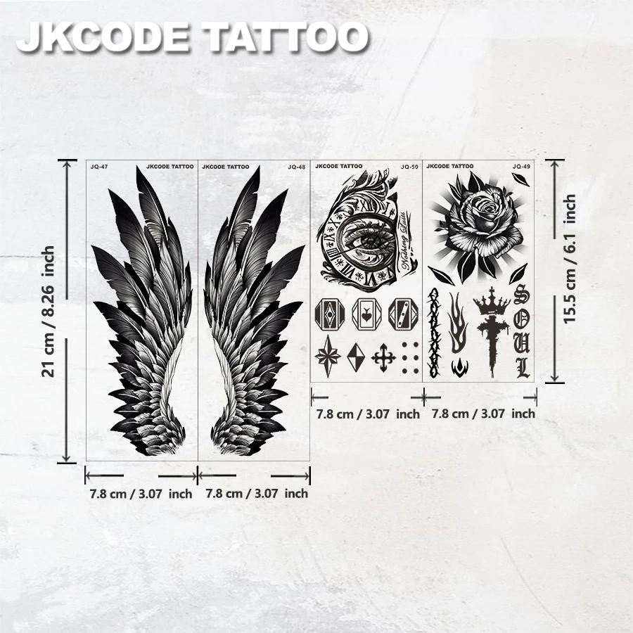 방수 팔 문신 남자 - 거리 낙서 문신 4종 세트 - 큰 사이즈 날개 문신 - 손등 왕관, image size:900x900