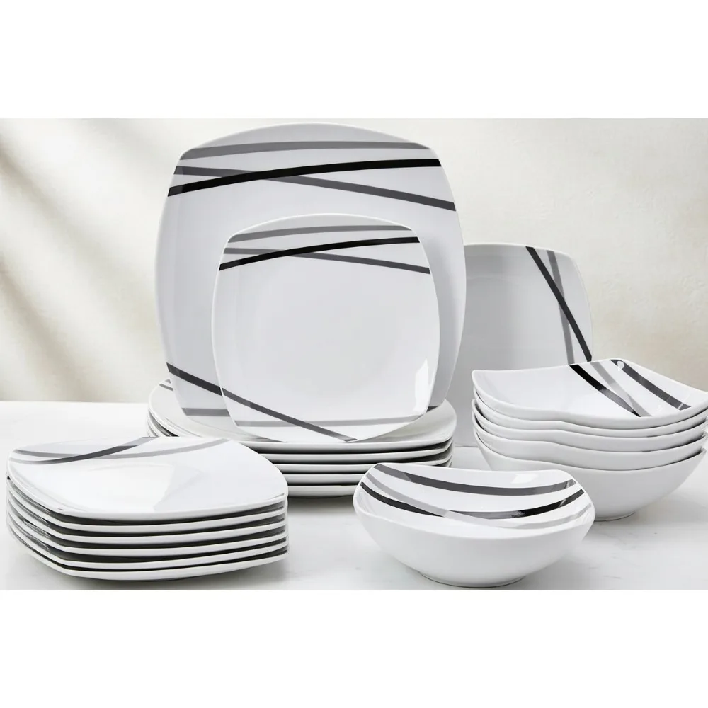 

Набор квадратной посуды из 18 предметов для 6 — современные кухонные тарелки, миски, прочный фарфоровый, можно мыть в посудомоечной машине, в микроволновой печи