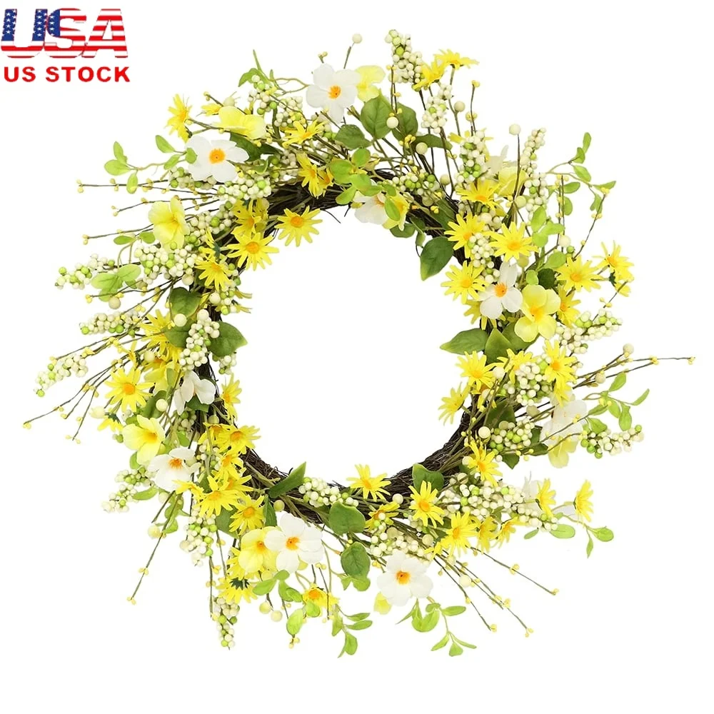 

24in Artificial Daisy Dogwood Wreath Spring Summer Decor Indoor Outdoor Natural Twig Base Flower Accent Home Decoration