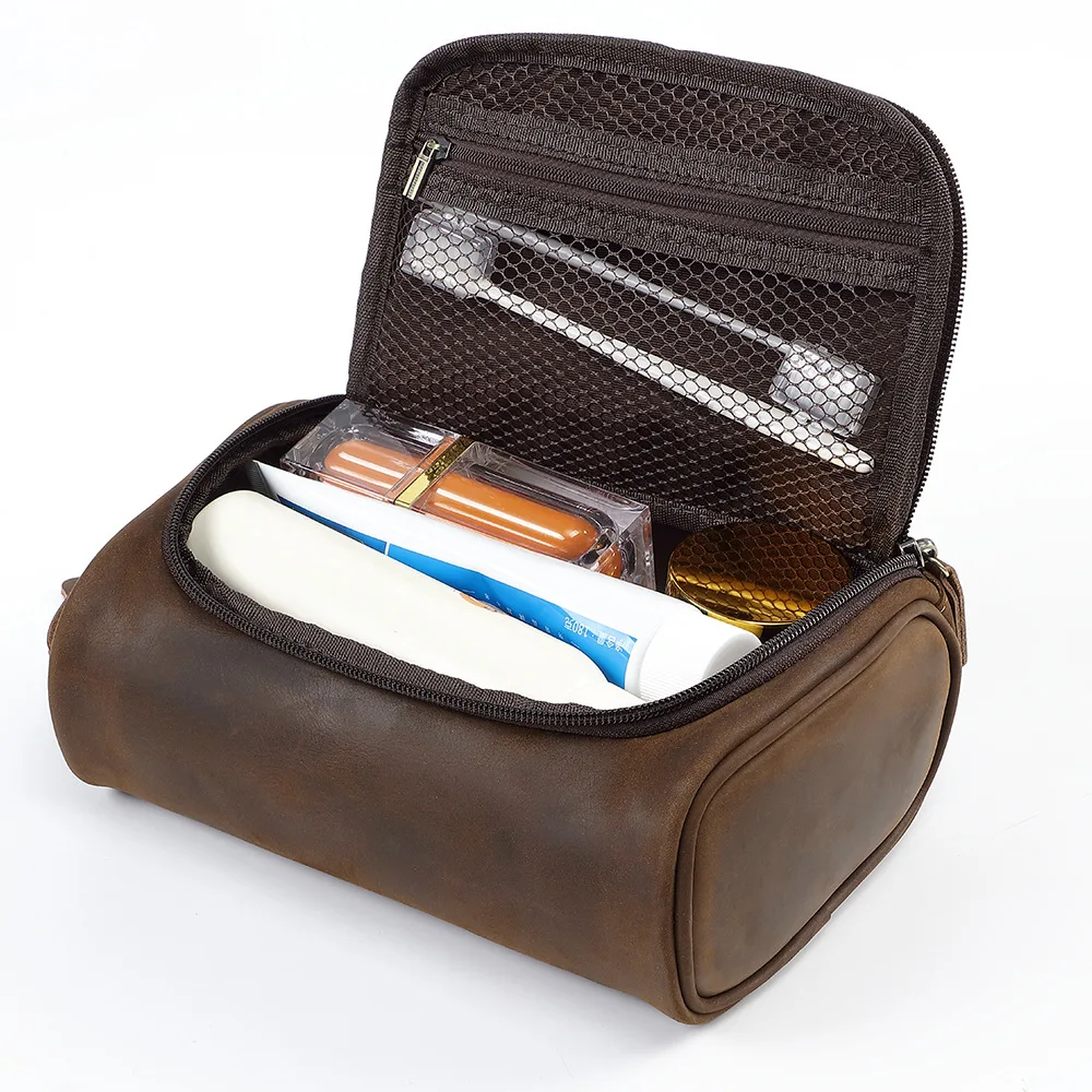 

Luxury Top-Grain Leather Men's Handbag Vintage Retro Zippered Toiletry Organizer Pouch - Multi-Functional European Style Handhel