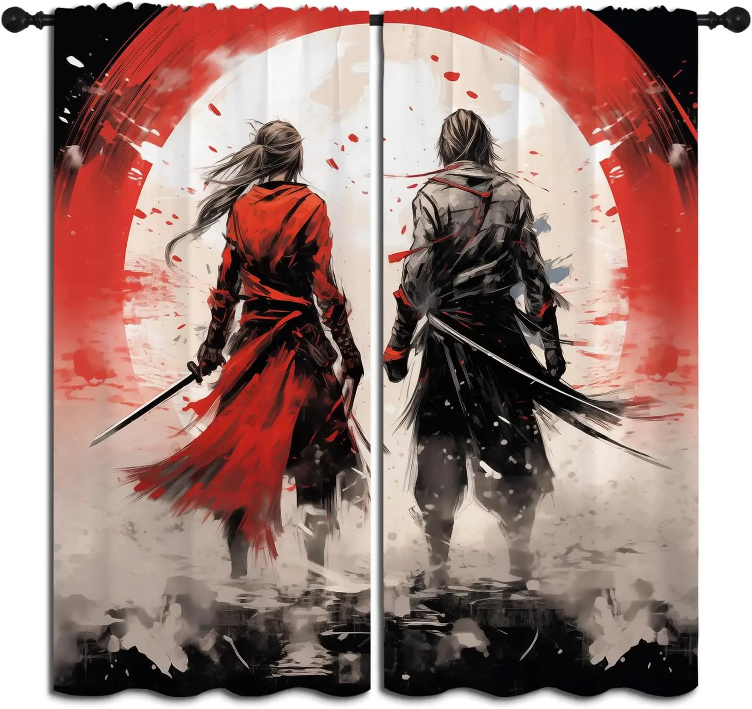Japanese Anime Boy Girls Blackout Curtains,Asian Style Red Sun Sword Samurai Fashion Style, 2 Panel Rod Pocket Thermal Insulated