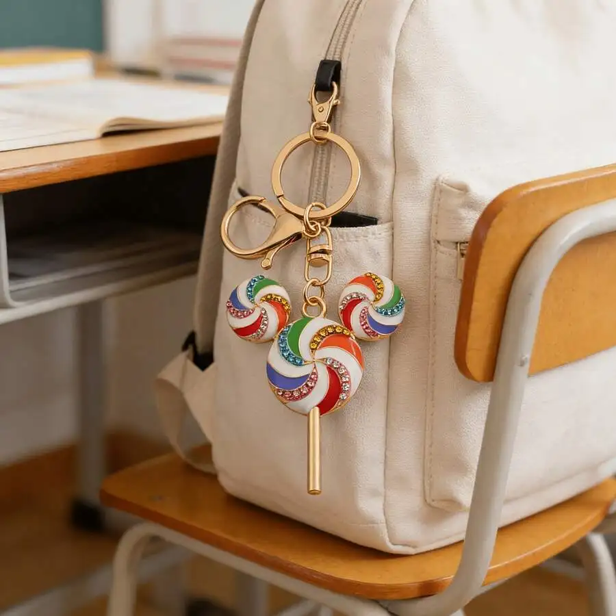 

Rainbow Lollipop Enamel Rhinestone Keychain Bag Car Pendant Fashion Accessory